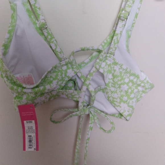 Xhilaration 90s Aesthetic Green and White Floral Print Tie Back Bikini Top - Picture 3 of 10